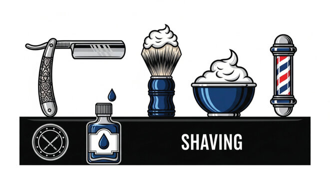 Vintage-style illustration set of traditional barber shaving tools featuring a straight razor, shaving brush