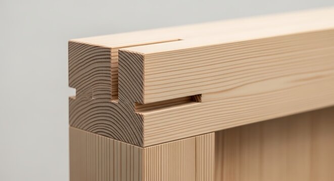 Closeup of a wooden beam with precisioncut grooves and joinery details, showing the natural grain and texture of lightcolored pine wood in a construction or carpentry context