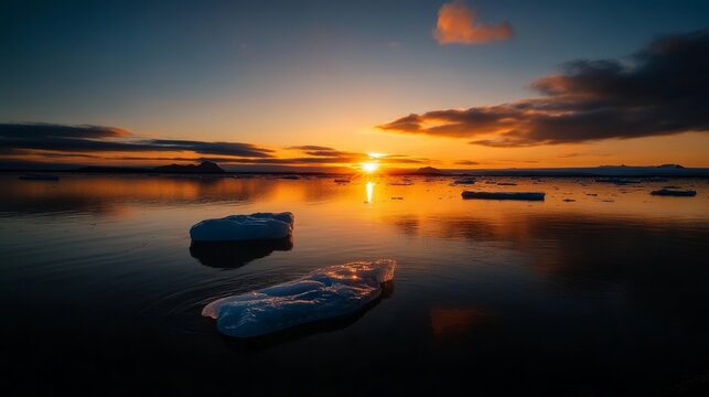 Sunset over icebergs arctic ocean nature photography serene landscape wide-angle view tranquil beauty