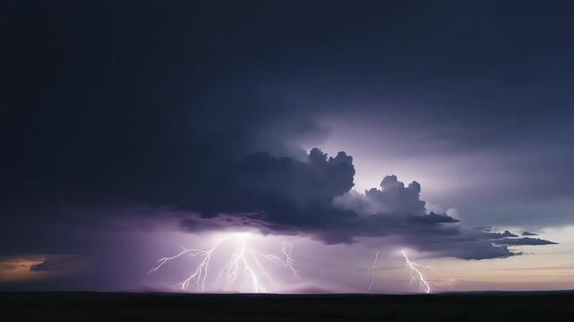 Powerful lightning bolts illuminate a dark, stormy sky over a vast, flat landscape. Dramatic weather.