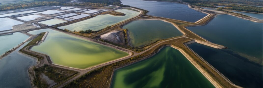 Panoramic aerial geometric evaporation ponds with green algae gradients earthen berms and orderly water cells
