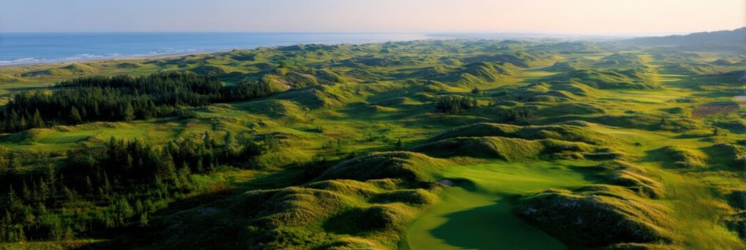 Coastal dune golf course aerial panorama with rolling green fairways, sandy hollows and seaside links landscape stretching to ocean horizon at sunrise