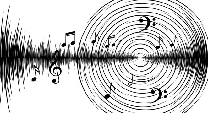 Abstract Sound Wave and Musical Notes Illustration.