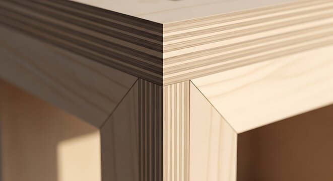 Closeup of a modern wooden furniture corner with visible plywood layers and miter joints, showcasing minimalist design and highquality craftsmanship in interior decor