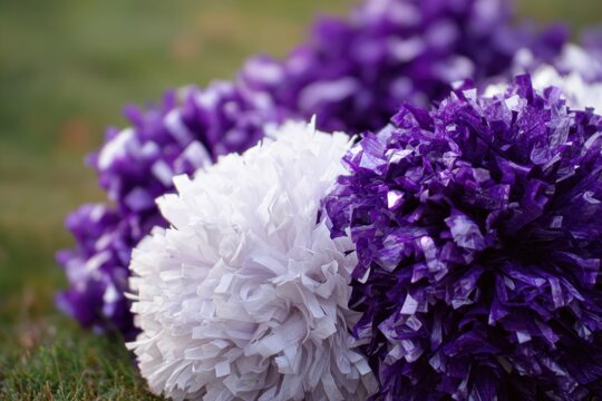 White and purple cheer pom poms on grass restful pile bright colors closeup