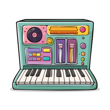 Retro synthesizer keyboard with colorful buttons and vinyl record player