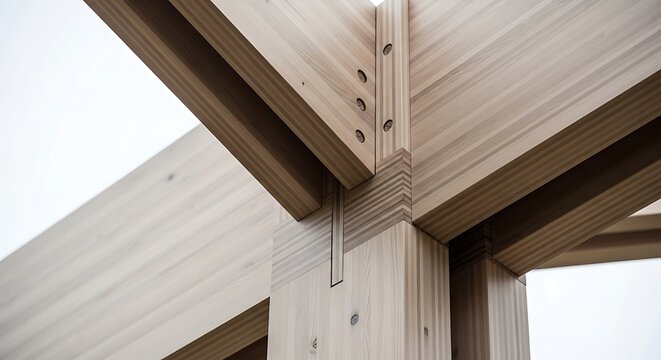 Closeup of a modern timber frame construction joint, showing precisionengineered laminated wood beams connected with wooden dowels and traditional joinery techniques