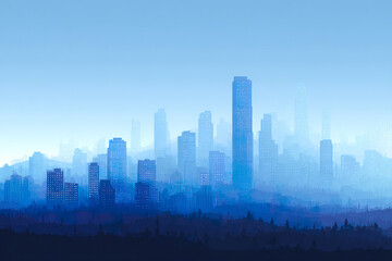Fototapeta premium City skyline silhouette with layered buildings in blue tones above forest, creating calm and misty urban atmosphere at dawn or dusk