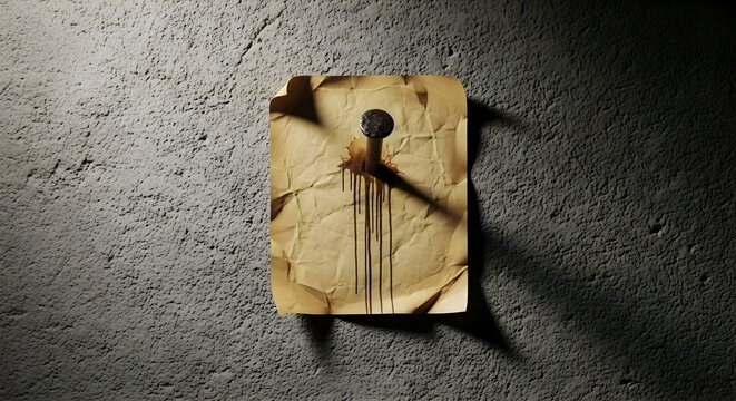 A weathered crumpled piece of paper with a rusty nail and dripping ink stains attached to a textured wall