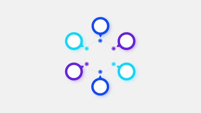 Circular 3D infographic featuring six colorful speech bubble nodes orbiting a central hub on white and green screen backgrounds. Perfect for process cycles and business data visualization.