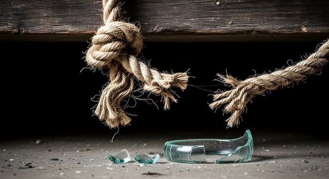 Rope hanging down with broken glass on dirty floor under wooden beam