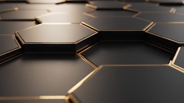 Black and gold hexagonal pattern background.