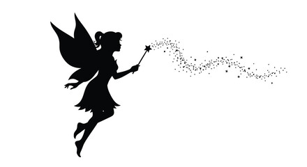 A magical fairy in flight casting a spell black silhouette © MDALTUFHOSAIN