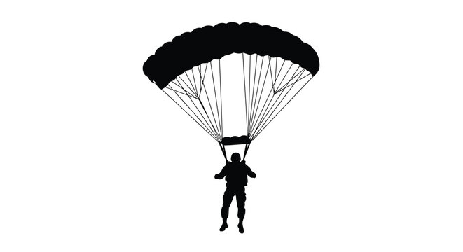 A skydiver descends with a fully opened parachute black silhouette