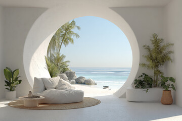 Fototapeta premium Minimal white wall interior with circular window overlooking tropical beach and ocean, cozy seating area with cushions and plants creating peaceful and relaxing atmosphere