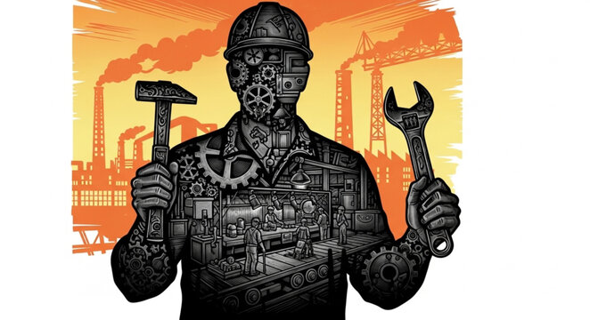 Mechanical Man Holding Tools in Industrial Setting.
