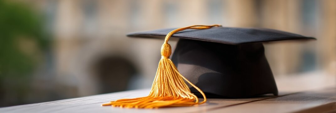 Graduation mortarboard cap with bright gold tassel on outdoor ledge shallow depth of field blurred university building background symbolizing graduation and academic milestone