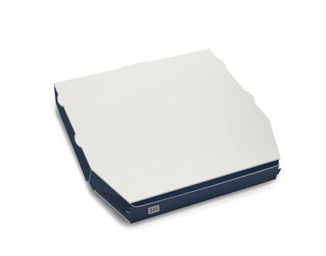 Photorealistic white and blue closed paper cardboard pizza box mockup isolated on transparent background. Food delivery degradable package. Vector PNG