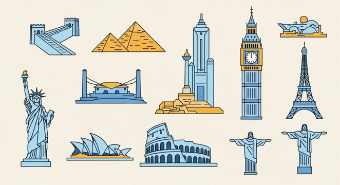 Famous World Landmarks Collection Illustration.
