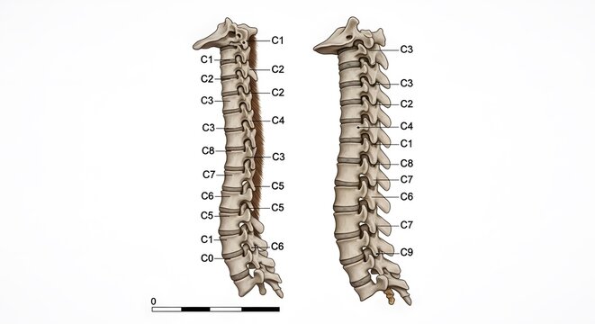 Anatomical Illustration of Human Cervical Spine Skeletal Structure and Bone Anatomy