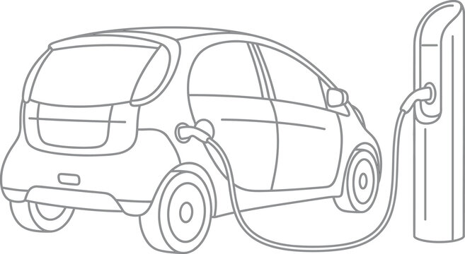 Electric car charging station line art illustration, eco friendly vehicle plugged into charger for sustainable transportation energy concept