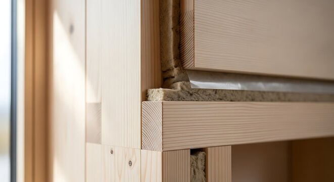Closeup of a modern wooden wall construction detail showing crosslaminated timber, insulation layers, and vapor barrier in a sustainable building project