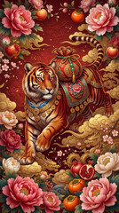 Fototapeta premium Auspicious Year of the Tiger illustration featuring a stylized big cat standing proudly on a rock surrounded by lush flowers and clouds