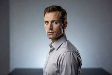 Obraz premium Professional Caucasian Man Wearing Grey Dress Shirt Looking at Camera with Confident Neutral Expression