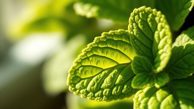 Extreme close-up of a mint leaf showing intricate veins and fresh texture. 