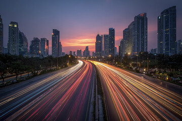 Fototapeta premium Modern city skyline at sunset with long exposure traffic light trails on busy highway surrounded by tall buildings and urban landscape
