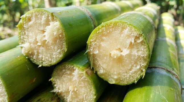 Close-up of freshly cut green sugarcane stalks showing the fibrous white interior pith and juicy texture on a plantation.