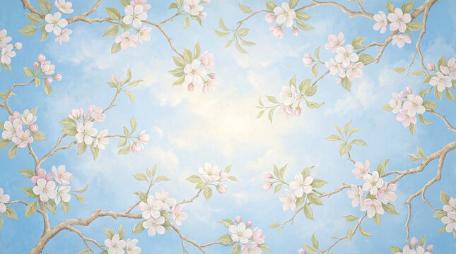 Apple blossom stretch ceiling design, upward view of delicate white pink flowers and soft sky. Calm floral ceiling mural for wellness interior, bedroom, spa or relaxation room.