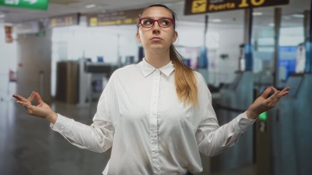 Woman holding hands in meditation gesture at airport security checkpoint, wearing red glasses and white shirt; calm focus.