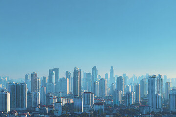 Fototapeta premium Modern city skyline with office towers and residential buildings under clear blue sky, showcasing urban architecture and high rise structures in bustling metropolitan area