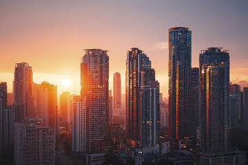 Fototapeta premium Modern city skyline with tall skyscraper buildings reflecting warm sunset light, creating peaceful and vibrant urban atmosphere in evening sky