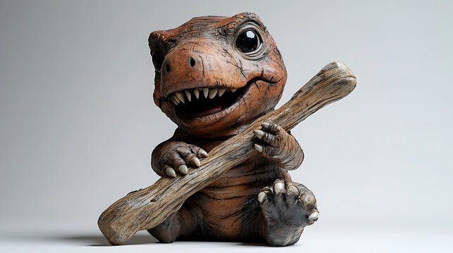 Cute prehistoric baby mascot chewing on a wooden club toy, wrapped in rough hide 