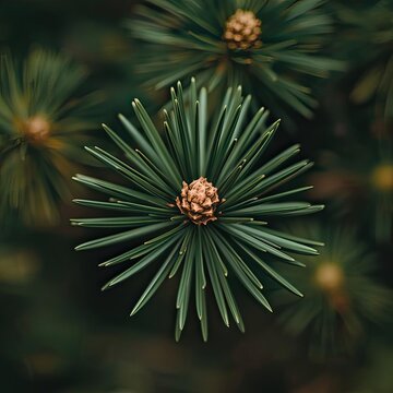 Close-up view of a pine cone surrounded by green needles on a tree branch.