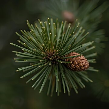 Close-up view of a pine cone surrounded by green needles on a tree branch.