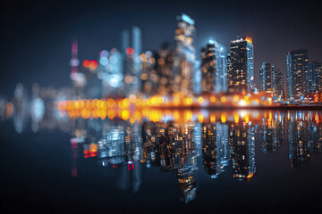 Obraz premium Modern city skyline at night with illuminated skyscraper buildings reflecting on calm water, creating vibrant and colorful urban atmosphere with bokeh light effects