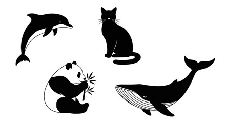 Obraz premium Collection of black silhouette animals including a dolphin panda cat and whale.