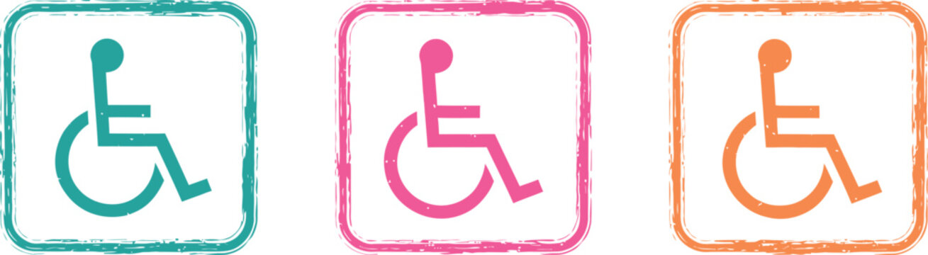 Accessibility signage three colorful wheelchair symbol representations