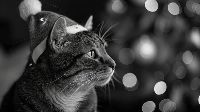 Close-up of a cat wearing a festive Santa hat with sparkling balls in the background, possibly Christmas lights. The focus is on the feline's face, which appears curious or alert.