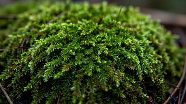 A lush green moss grows on a rock in a serene natural environment outdoors.