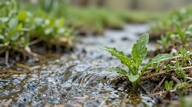 Small green plant grows in shallow stream with water flowing through wet environment