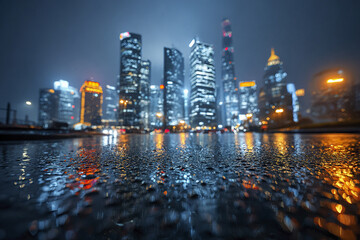 Fototapeta premium Modern futuristic downtown skyline during rainy night with wet reflective street and glowing city lights creating vibrant urban atmosphere full of energy and motion