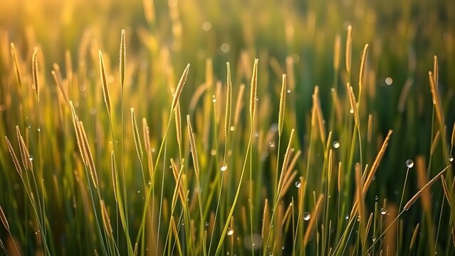 Dew-kissed ryegrass meadow at dawn, morning light on slender blades. 
