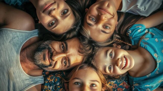 A close-up family portrait with smiling faces and joyous expressions.