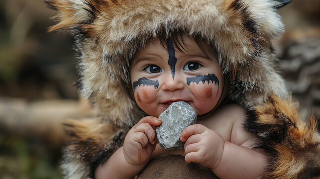 Baby mascot in fur loincloth with rock-shaped teether and painted cheeks 