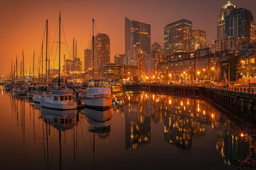 Fototapeta premium Modern harbor district with yachts and illuminated skyline reflecting on calm water at sunset, creating warm and peaceful urban atmosphere