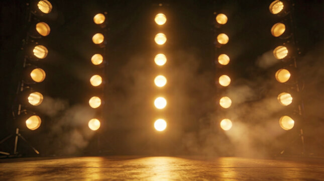 Concert stage with vertical warm light towers and smoke